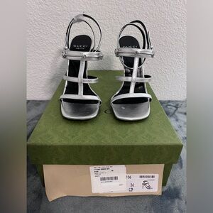 Brand New Gucci Slim Horsebit Silver Leather Strappy Heel Sandals Sz 36 (US 6)